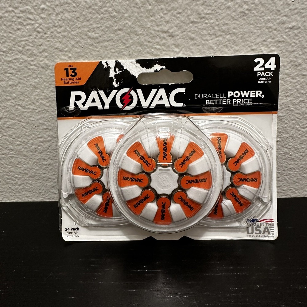 Rayovac Size 13 Hearing Aid Batteries 24 Pack Zinc Air 1.45V Orange Tab Exp 2027